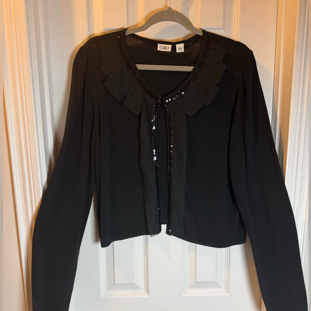 Fancy Cato Cropped Black Cardigan with Sequin Trim & Ruffle Long Sleeve Evening